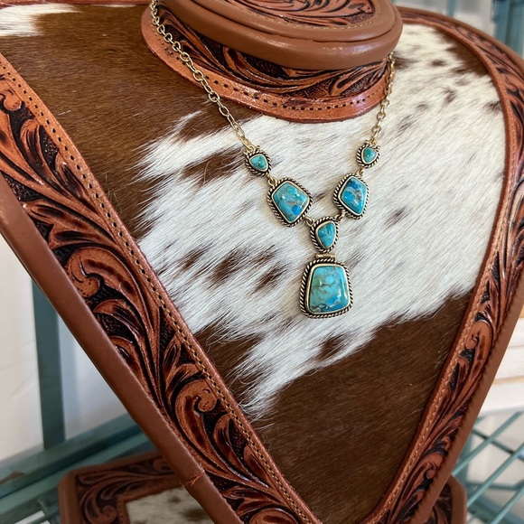 ✨New Genuine Blue Turquoise Stone Pendant Boho Necklace Statement Jewelry Brass - Picture 9 of 13